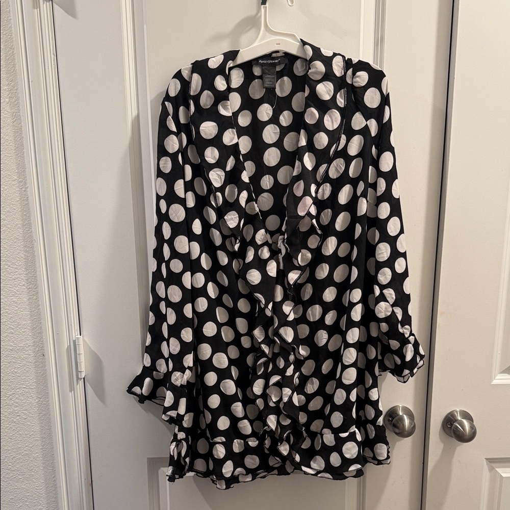 Ashley Stewart Black and White Polka Dot Ruffle Blouse
